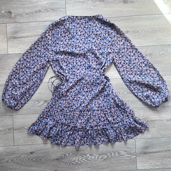 1. State Floral Ruffle Balloon Sleeve Mini Wrap Dress - Picture 13 of 16